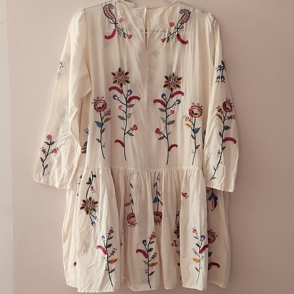 ZARA Mulberry Silk Embroidered Floral High-low Long Sleeve Mini Dress Size L - Picture 6 of 11
